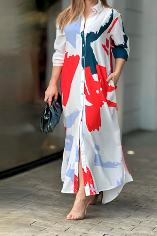 Fashionable casual printed loose slit shirt maxi dress Main image