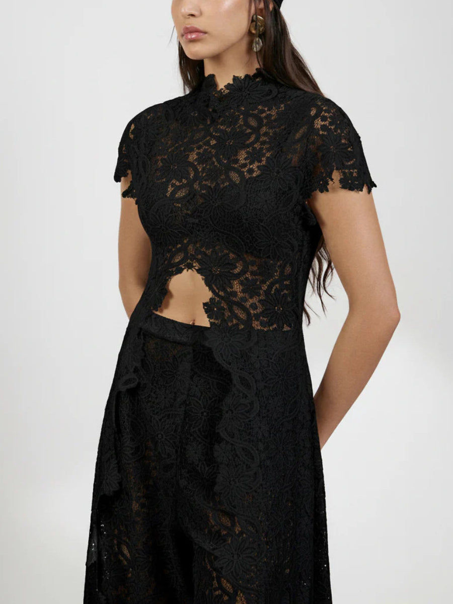 Floral Lace Cutout High Neck Wide Leg Pants Two Piece Matching Set