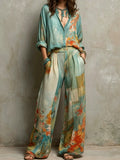 Watercolor Floral Boho Two Piece Shirt Wide Leg Pants Set