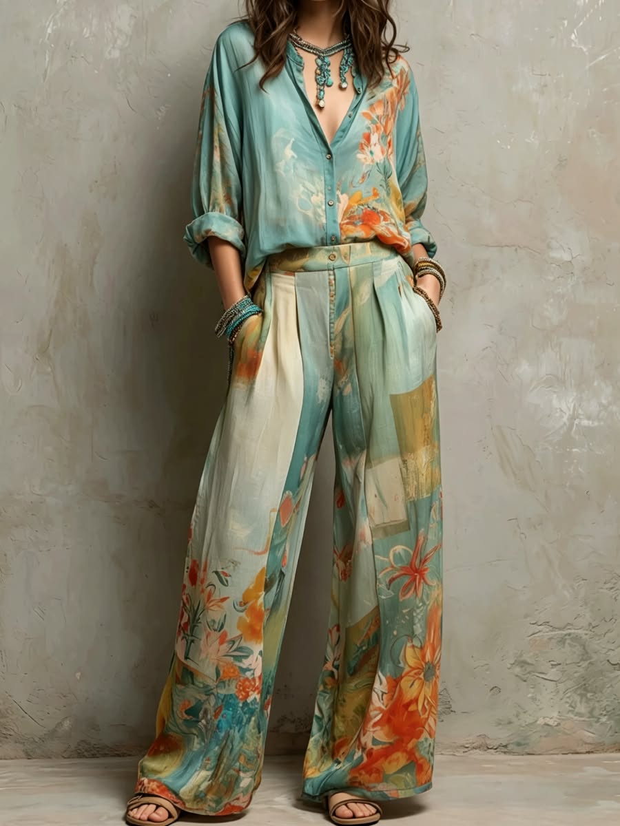 Watercolor Floral Boho Two Piece Shirt Wide Leg Pants Set