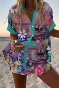 Model wearing a multicolor short-sleeve lapel shirt with matching shorts as a two-piece vacation set