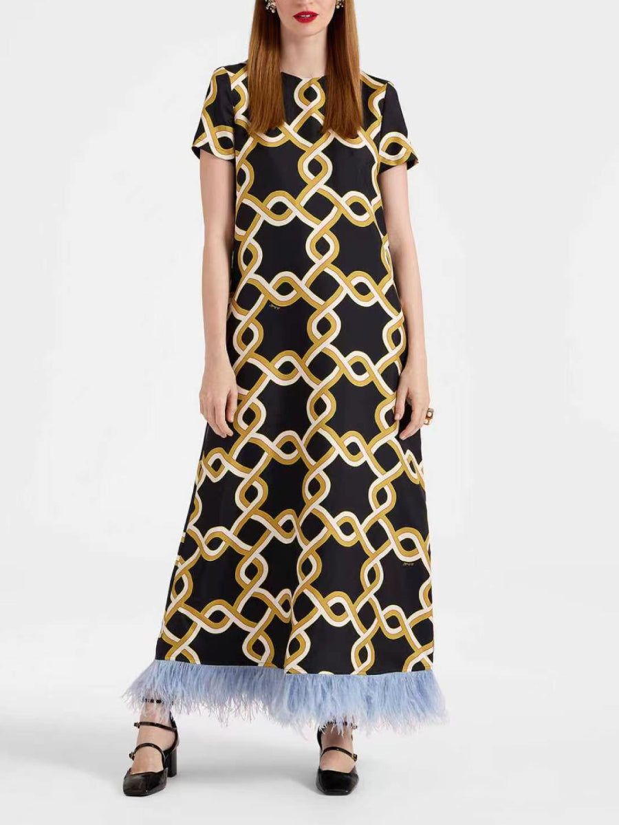 Black Base Gold Chain Geometric Print Short Sleeve Straight Maxi Dress