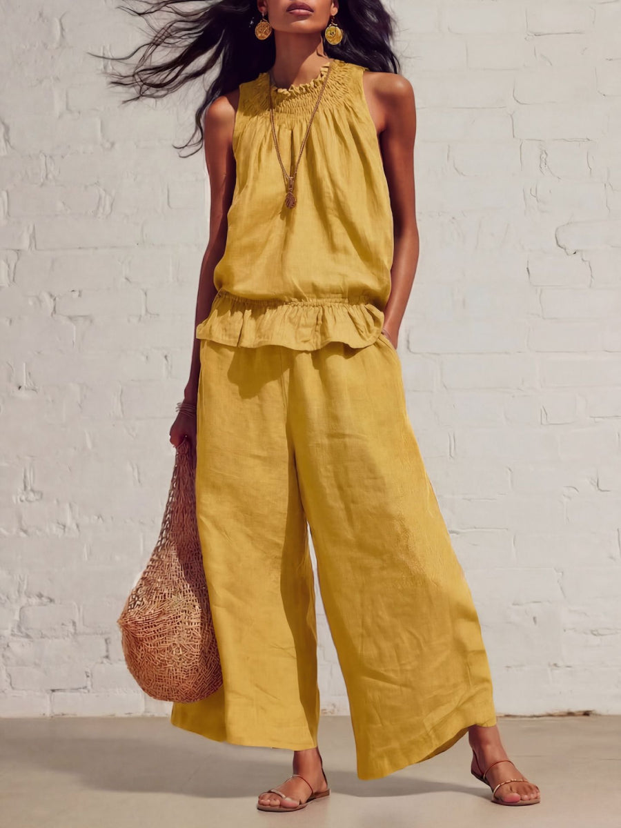 Linen Smocked Neck Ruffle Hem Tank Top Wide Leg Pants Two Piece Matching Set