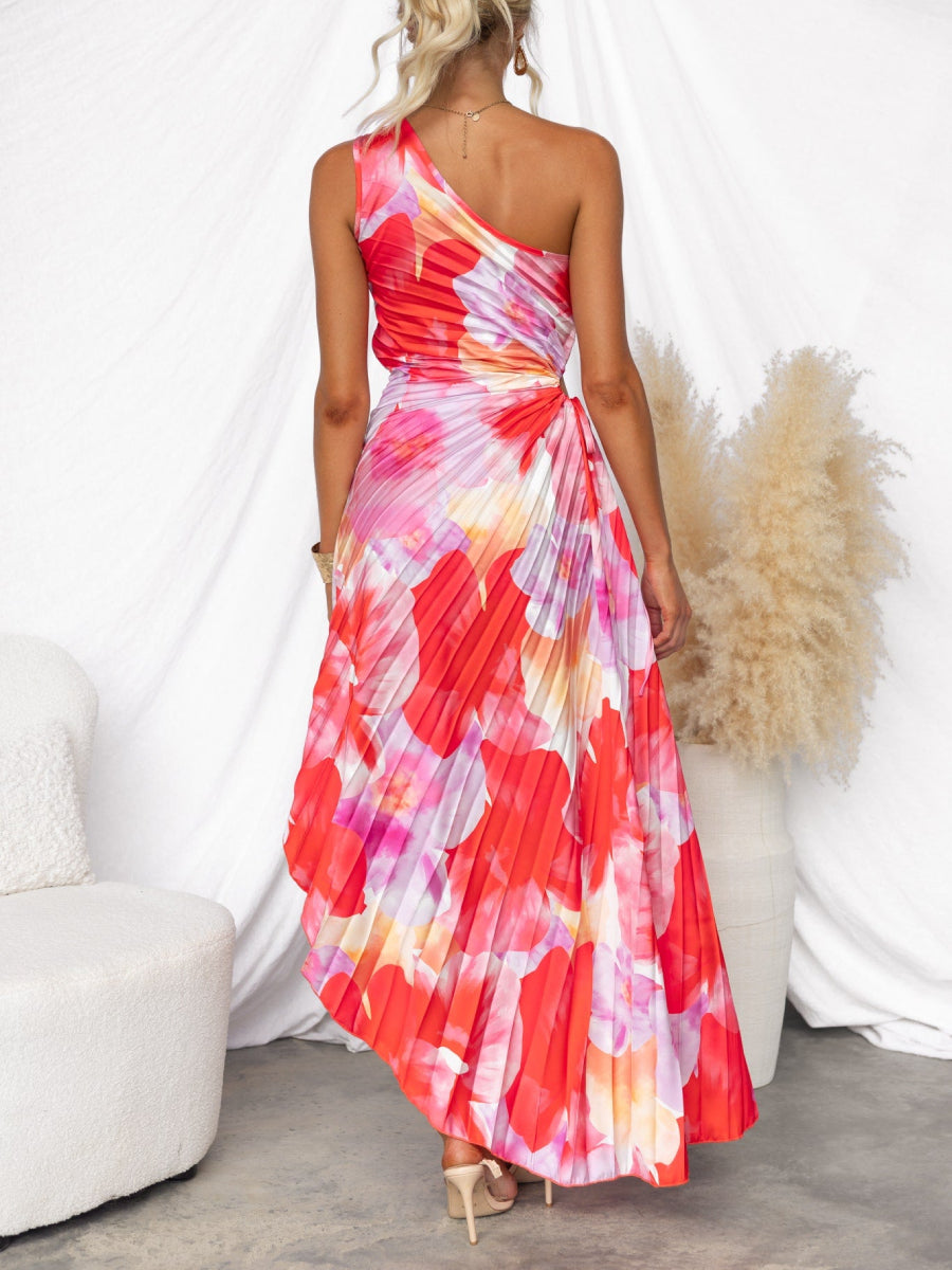 Lightweight Sheer Chiffon One Shoulder Twisted Cutout Waist Floral Wedding Guest Long Dress