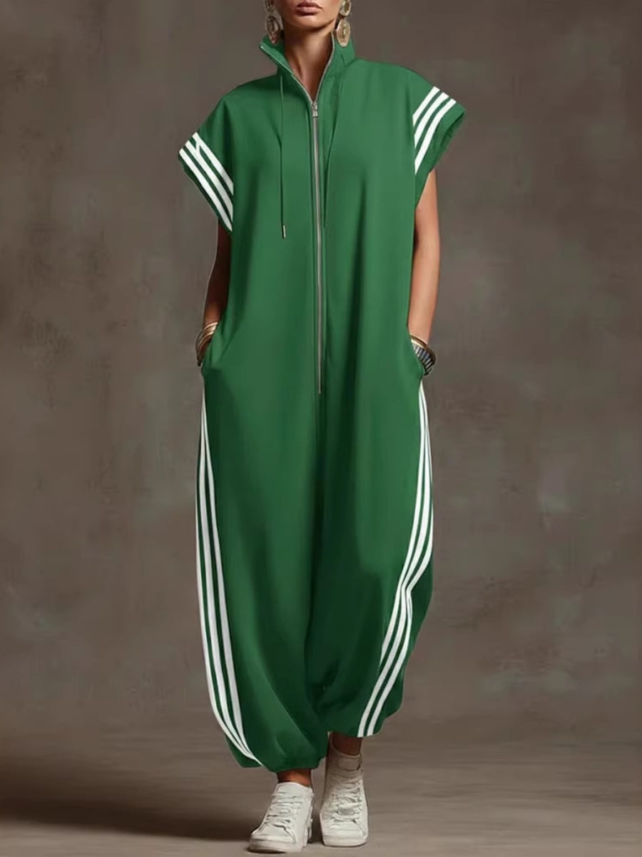 Three Stripe Sleeveless Zip Up Oversized Jogger Jumpsuit