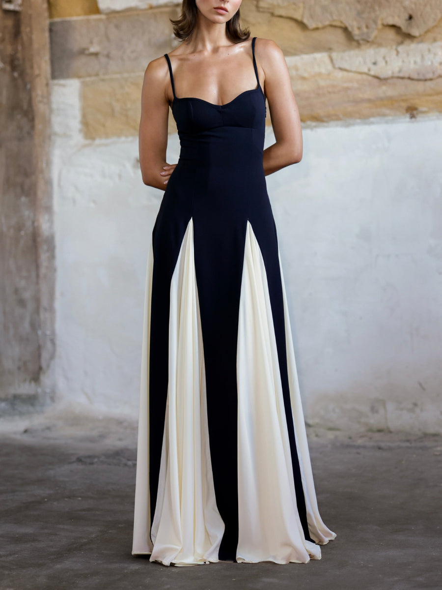 Black White Color Block Spaghetti Strap Maxi Gown Sweetheart Slit Evening Dress