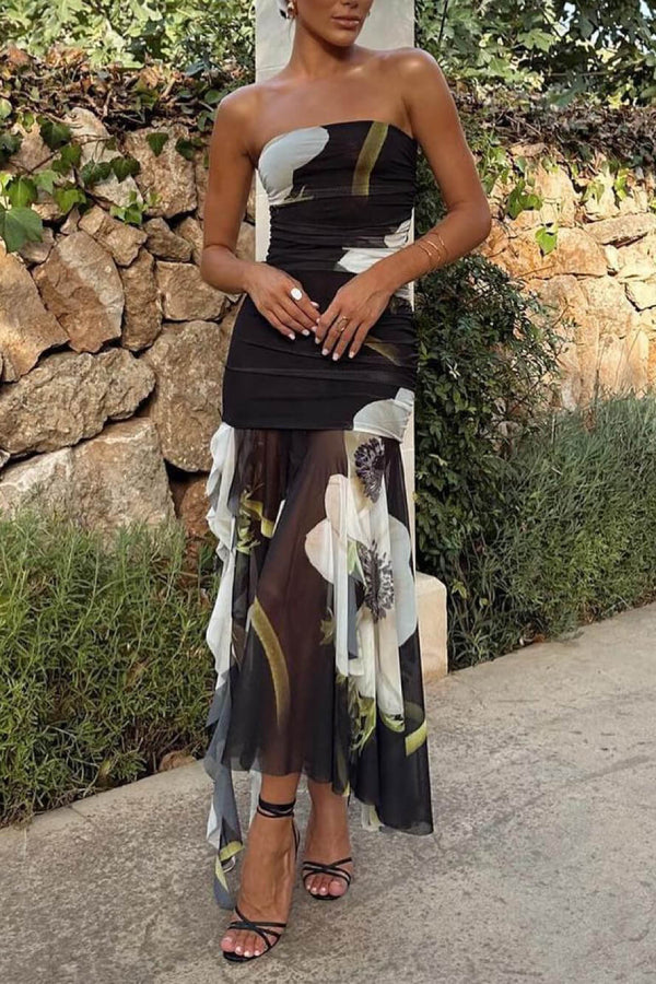 Mesh Overlay Floral Print Off Shoulder Ruched Ruffles Stretch Midi Dress Hauptbild