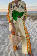 Buttery yellow linen-blend long-sleeve shirt and wide-leg pants set with a playful banana print
