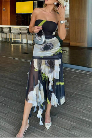 Mesh Overlay Floral Print Off Shoulder Ruched Ruffles Stretch Midi Dress