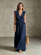 Women's Flowy Ruffle Trim Linen Maxi Dress for Summer