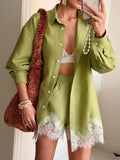 Oversized Silky Lace Hem Two Piece Sleepwear Set