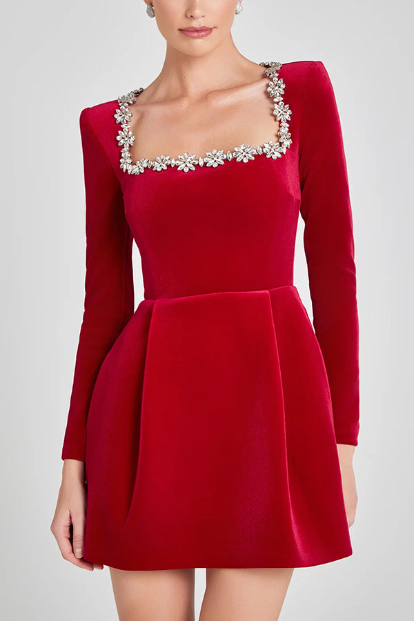 Velvet Jewel Embellished Trim Long Sleeve Pocketed Mini Dress Main image