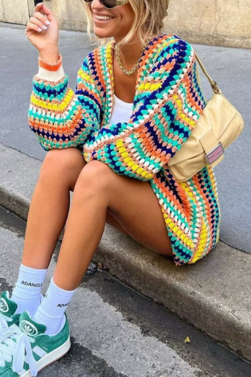 Colorful multicolor striped loose-knit hip-length open-front cardigan