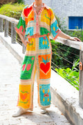 Linen-blend short-sleeve collared shirt and loose pants two-piece lounge set for vacation