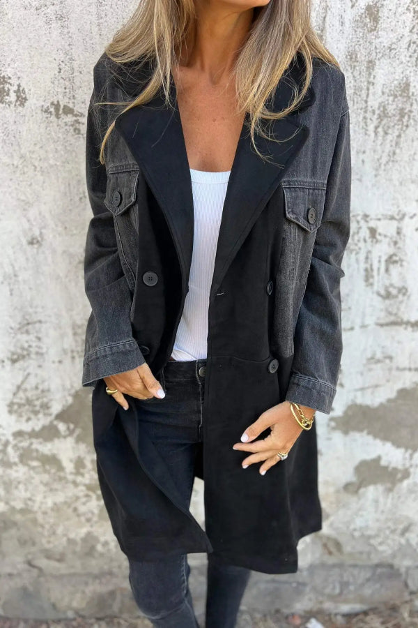 Lapel collar denim patchwork mid-length coat Main image