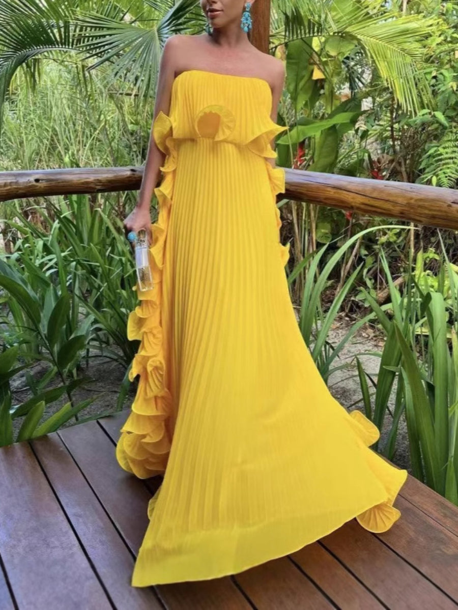 Elegant Off Shoulder Free Bust Ruffle Hem Pleated Sheer Chiffon Floor Length Party Dress