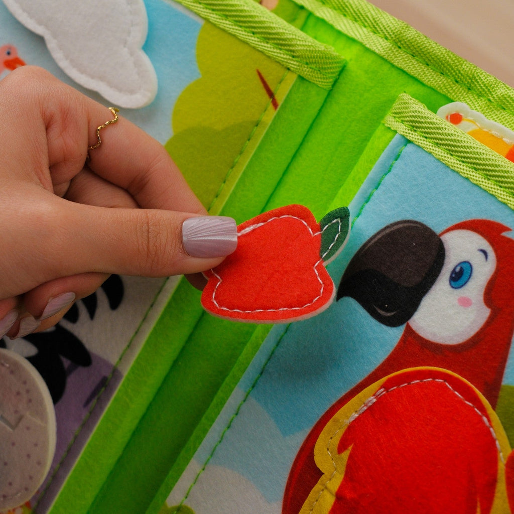 Zoo Adventure Quiet Book — Climbing Monkey, Squeaky Parrot & Zoo Map Tracing