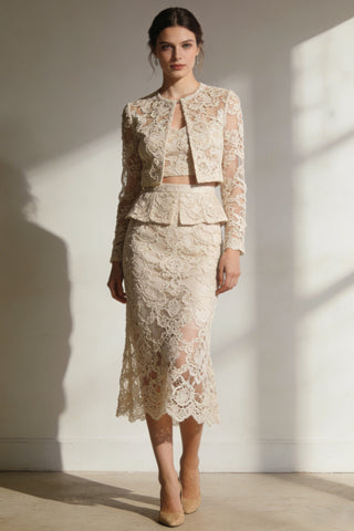 Ivory Lace 3-Piece Set: Peplum Blazer, Crop Top & Midi Skirt for Bridal Shower