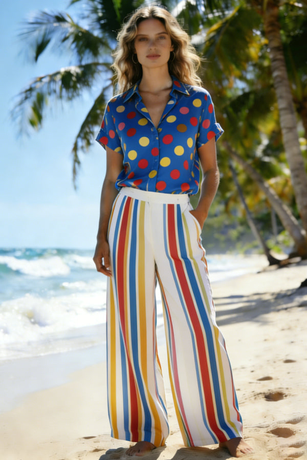 Women's Retro Polka Dot & Stripe 2-Piece Co-Ord Set - Blue Short Sleeve Shirt & Wide Leg Pants for Summer Beach Vacation