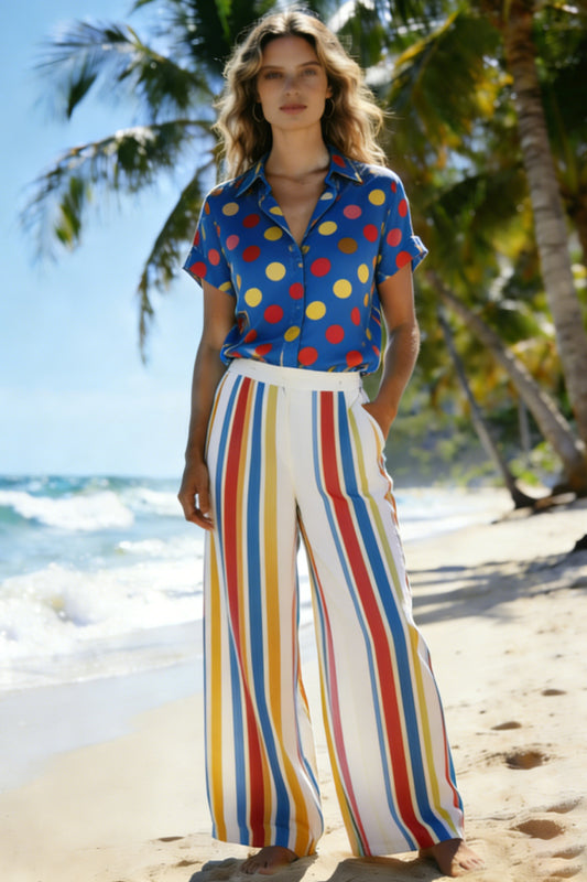 Women's Retro Polka Dot & Stripe 2-Piece Co-Ord Set - Blue Short Sleeve Shirt & Wide Leg Pants for Summer Beach Vacation