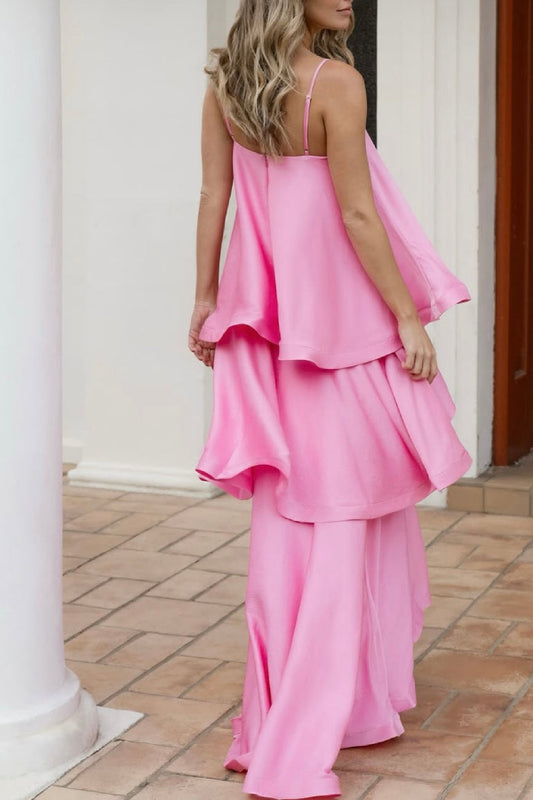 Women's Hot Pink Tiered Satin Maxi Dress - Spaghetti Strap Square Neck Flowy Ruffle Gown for Wedding Guest & Summer Events