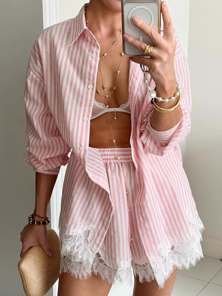 Oversized Silky Lace Hem Two Piece Sleepwear Set