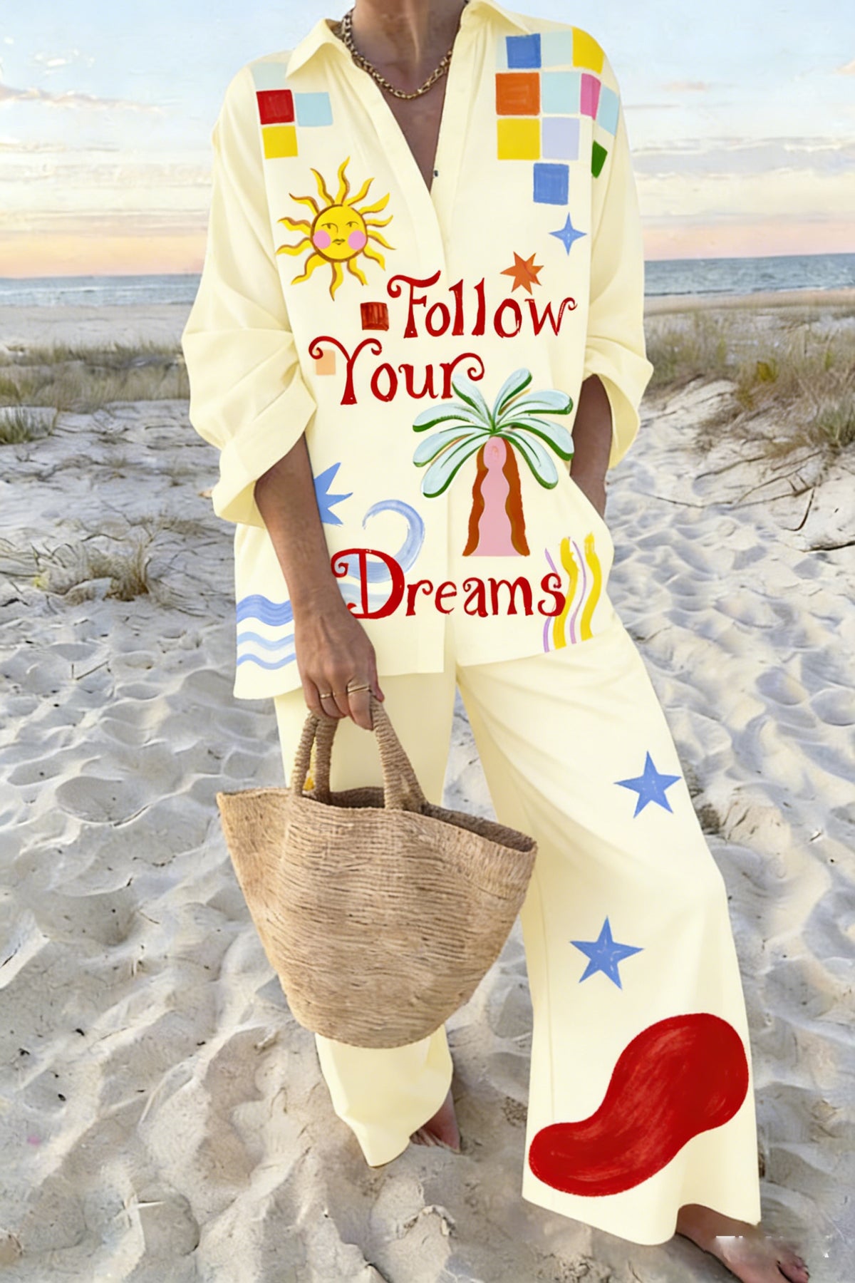 Women's Yellow "Follow Your Dreams" Sun & Palm Graphic 2-Piece Co-Ord Set - Oversized Shirt & Wide Leg Pants for Summer Beach Vacation