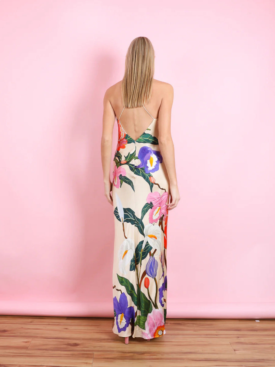 Cream Base Large Colorful Tropical Floral Print Spaghetti Strap V Neck Satin Maxi Slip Dress
