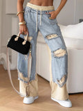 Two-Tone Layered Ripped Denim Wide Leg Jogger Pants