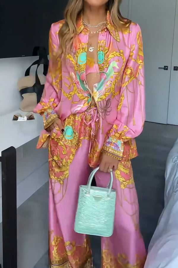 Mermaid Motel Unique Print Long Sleeve Loose Shirt and Elastic Waist Pants Set