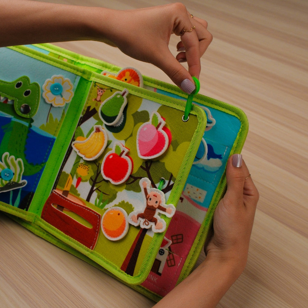 Zoo Adventure Quiet Book — Climbing Monkey, Squeaky Parrot & Zoo Map Tracing