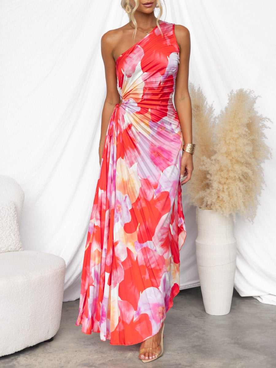 Lightweight Sheer Chiffon One Shoulder Twisted Cutout Waist Floral Wedding Guest Long Dress