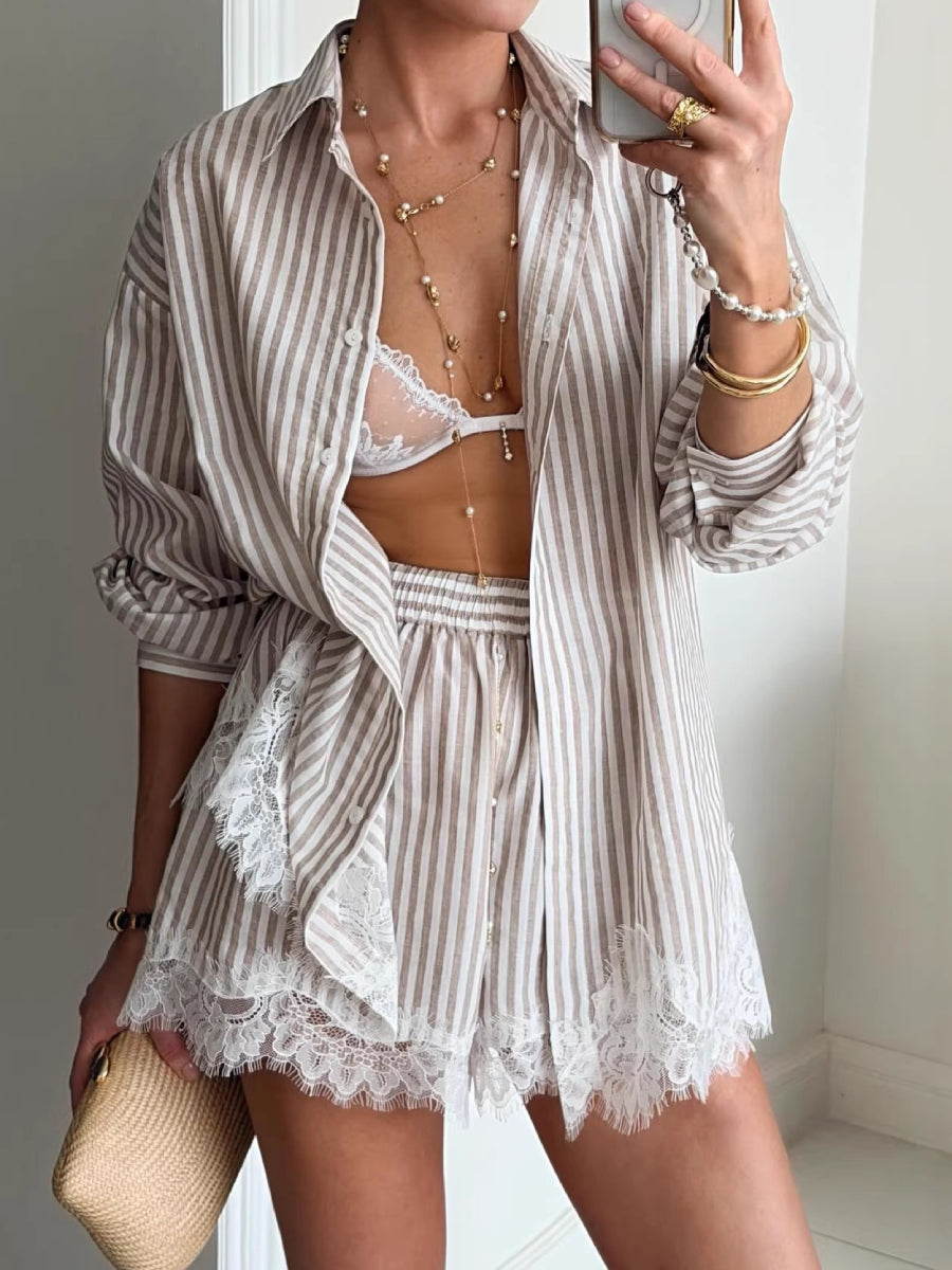 Oversized Silky Lace Hem Two Piece Sleepwear Set