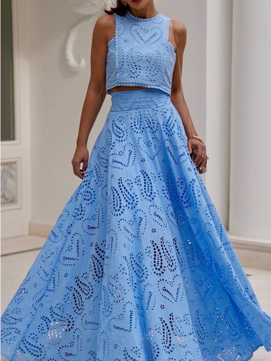 Romantic Hollow Embroidery Sleeveless Crop Top High Waist Flared Maxi Skirt Co Ord Set