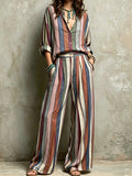 Rust Olive Multicolor Vertical Stripe Two Piece Boho Set