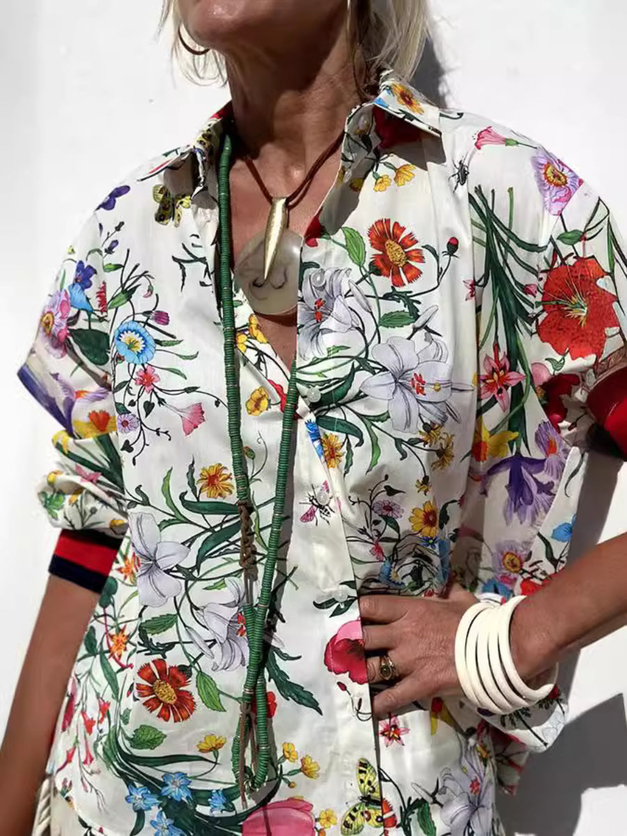 White Base Vibrant Wild Floral Print Collar Shirt Wide Leg Pants Two Piece Matching Pants Set