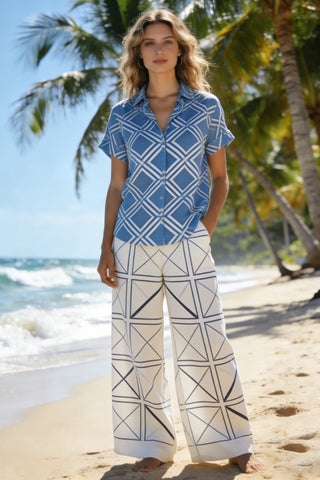 Women's Geometric Print 2-Piece Co-Ord Set - Blue Short Sleeve Shirt & White Wide Leg Pants for Summer Beach Vacation