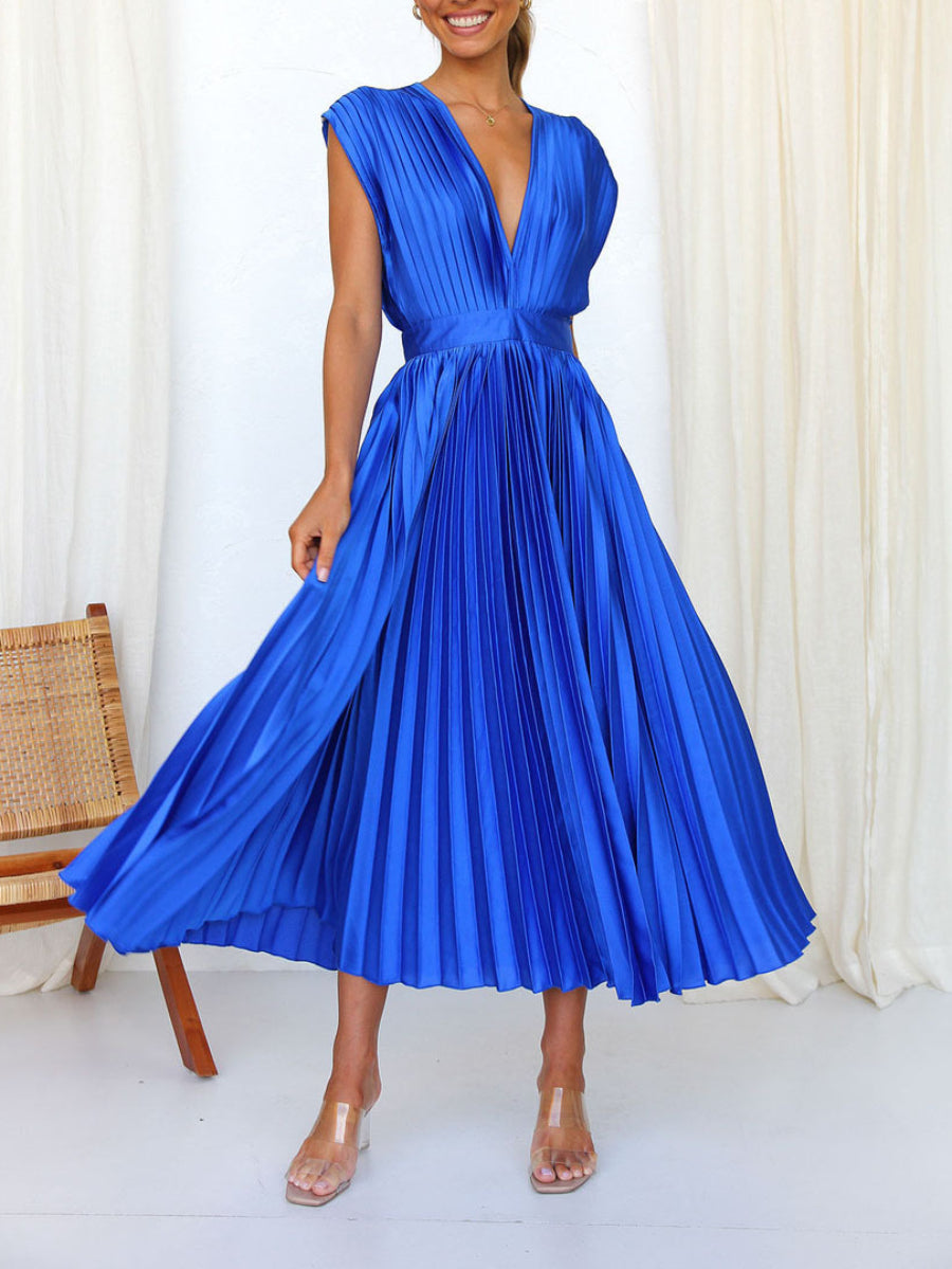 Minimalist Solid Champagne Pleated Satin Deep V Neck Flowy Midi Dress