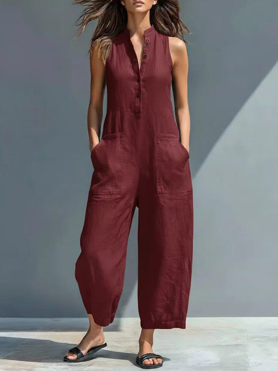 Minimalist Solid Black Pocket Detail Sleeveless Half Placket Linen Wide Leg Jumpsuit Secondary image