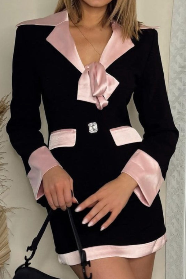 Contrast color tweed waist diamond bow tie blazer and high waist skirt set Main image