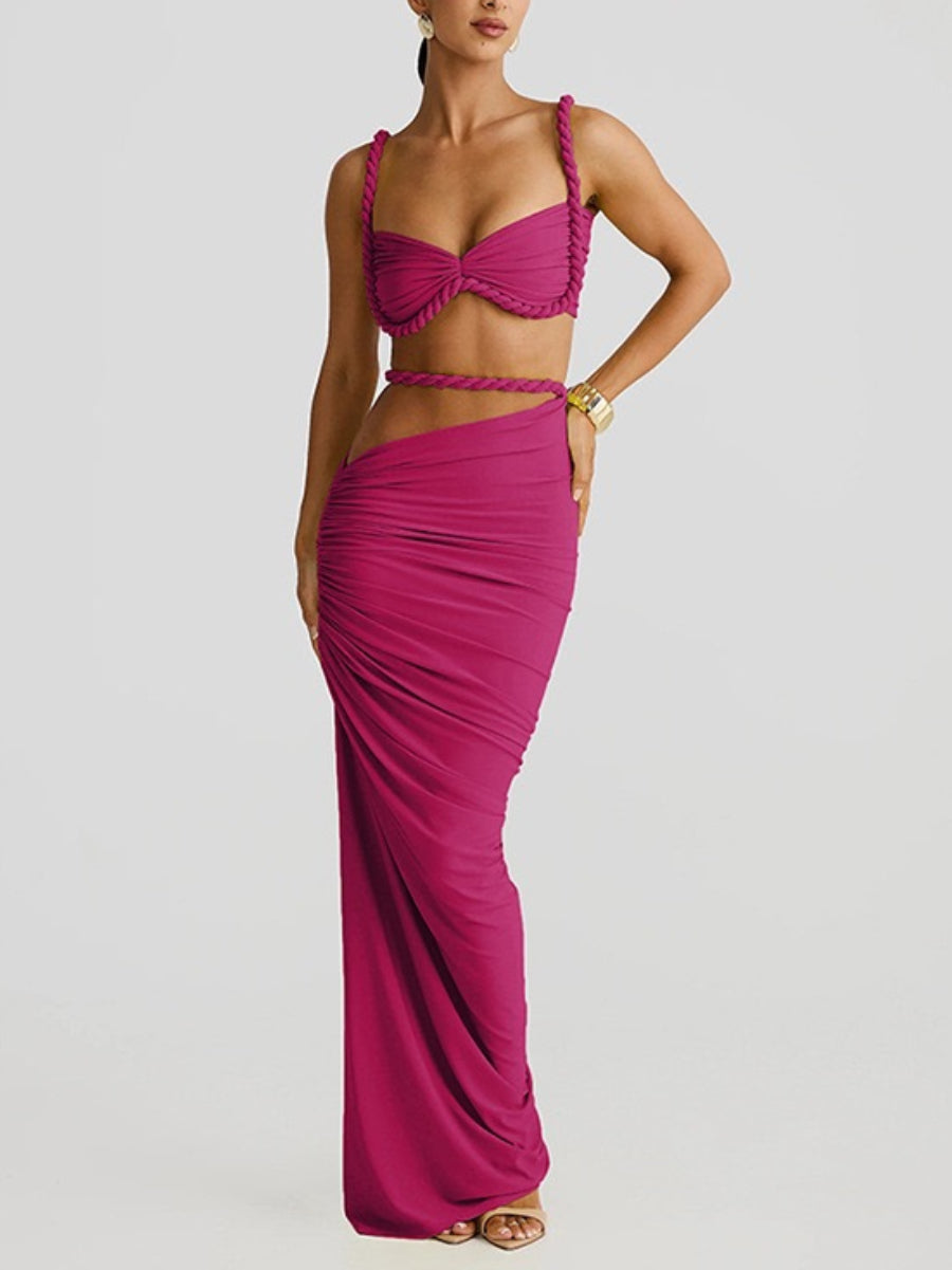 Women Braided Edge Spaghetti Strap Bustier Hollow Waist Bodycon Long Skirt Co Ord
