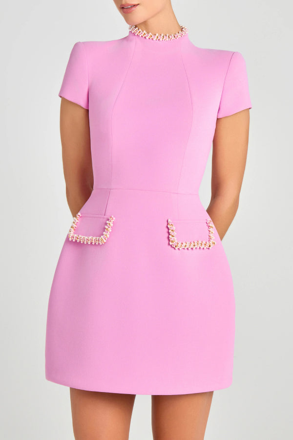 Slim-fit round neck beaded mini dress