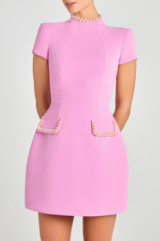 Slim-fit round neck beaded mini dress