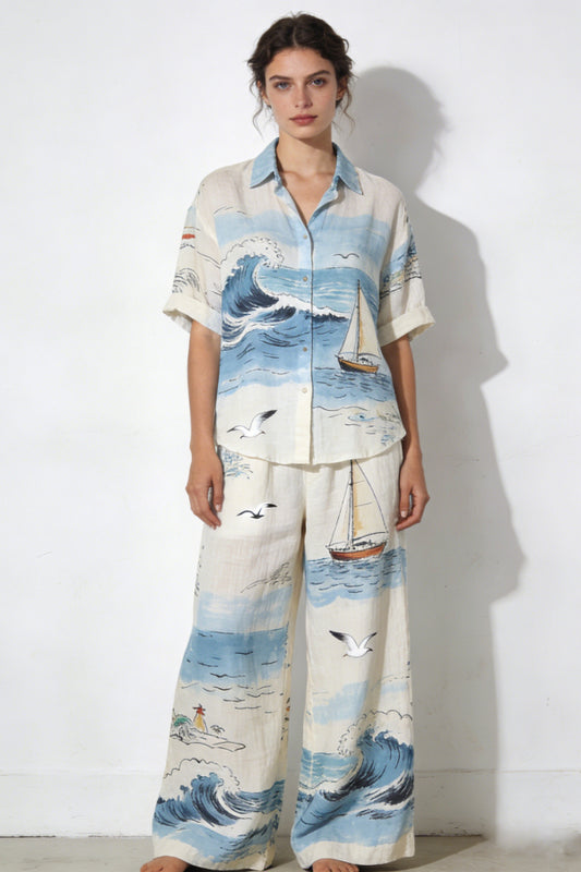 Women's Coastal Nautical Print Linen 2-Piece Co-Ord Set - Short Sleeve Wave & Sailboat Shirt & Wide Leg Pants for Summer Beach Vacation