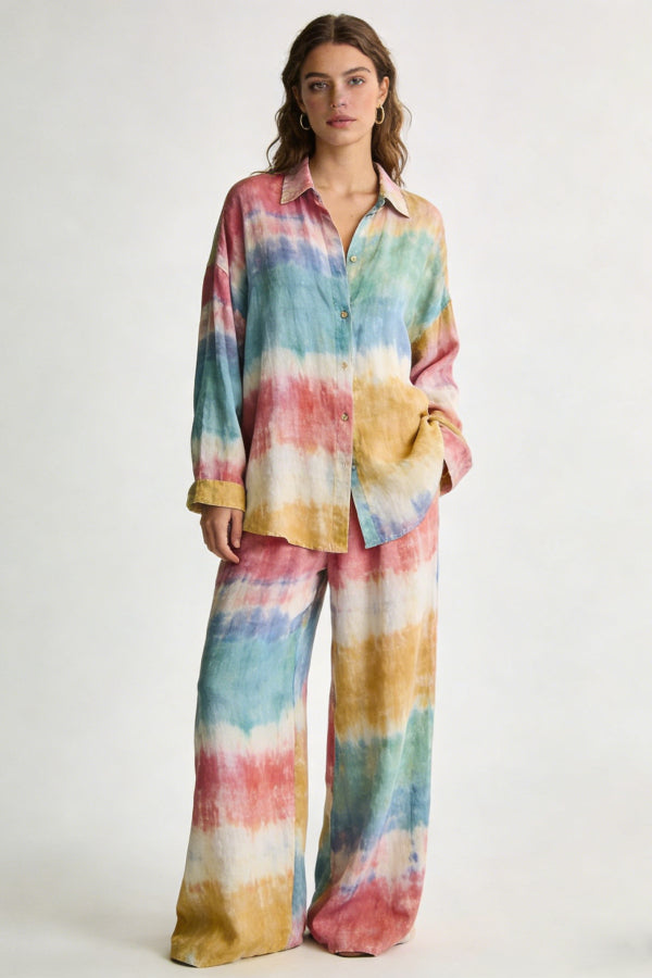 Women's Rainbow Tie-Dye Linen 2-Piece Co-Ord Set - Oversized Shirt & Wide Leg Pants for Summer Beach Vacation Casual Wear