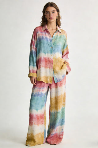 Women's Rainbow Tie-Dye Linen 2-Piece Co-Ord Set - Oversized Shirt & Wide Leg Pants for Summer Beach Vacation Casual Wear
