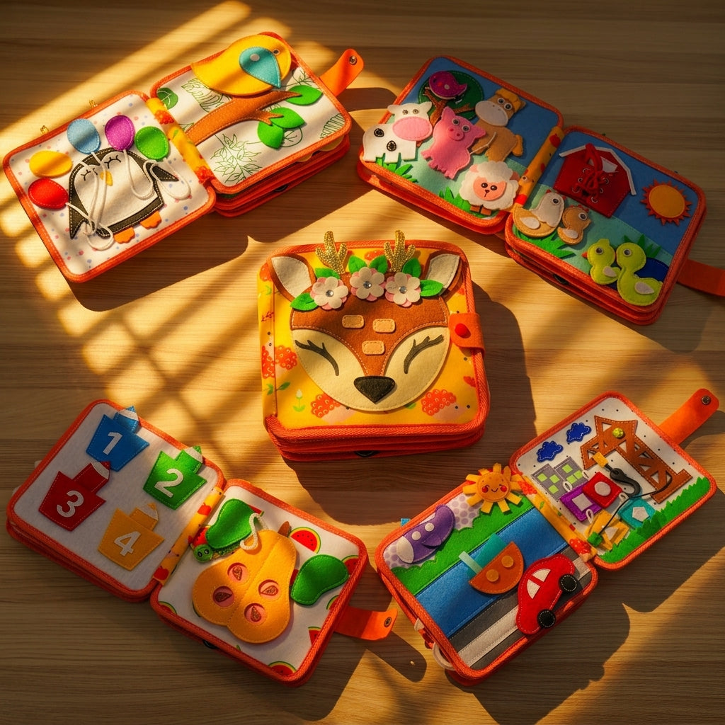 Deer Adventure Quiet Book — Crane & Blocks, Lacing Barn & Colour Pencil Matching