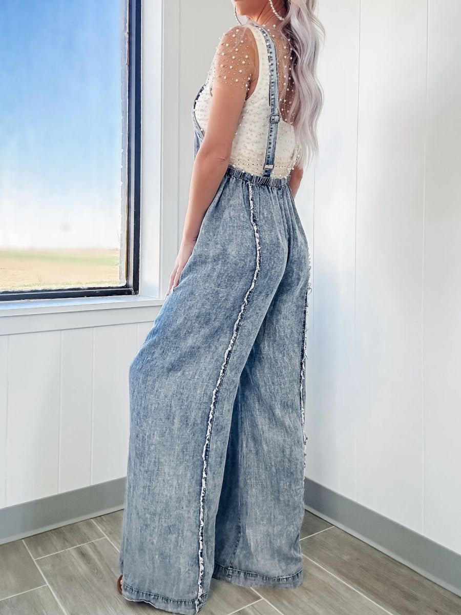 Light Acid Wash Frayed Edge Wide Leg Denim Overalls Jumpsuit