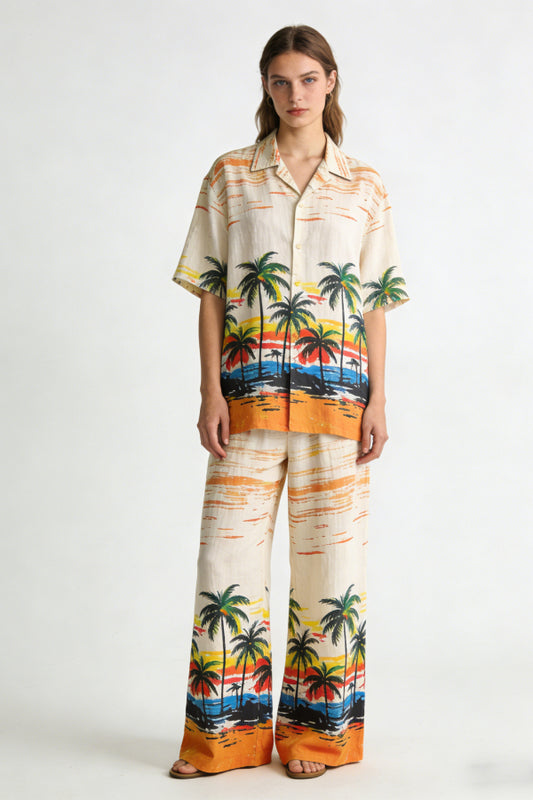 Women's Tropical Palm Tree Sunset Print Linen 2-Piece Co-Ord Set - Short Sleeve Shirt & Wide Leg Pants for Summer Beach Vacation
