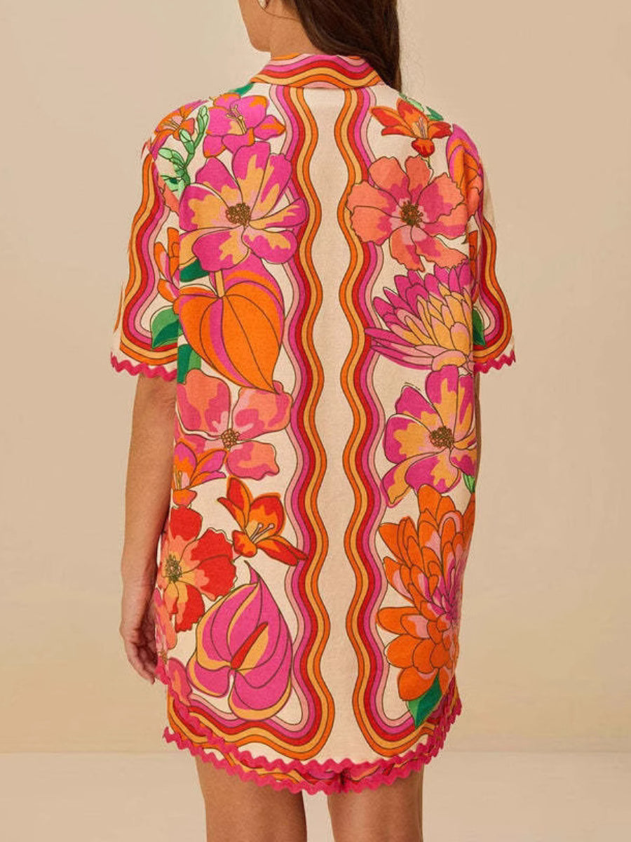 Vintage Psychedelic Floral Scallop Hem Shirt Drawstring Relaxed Fit Shorts Summer Holiday Co Ord
